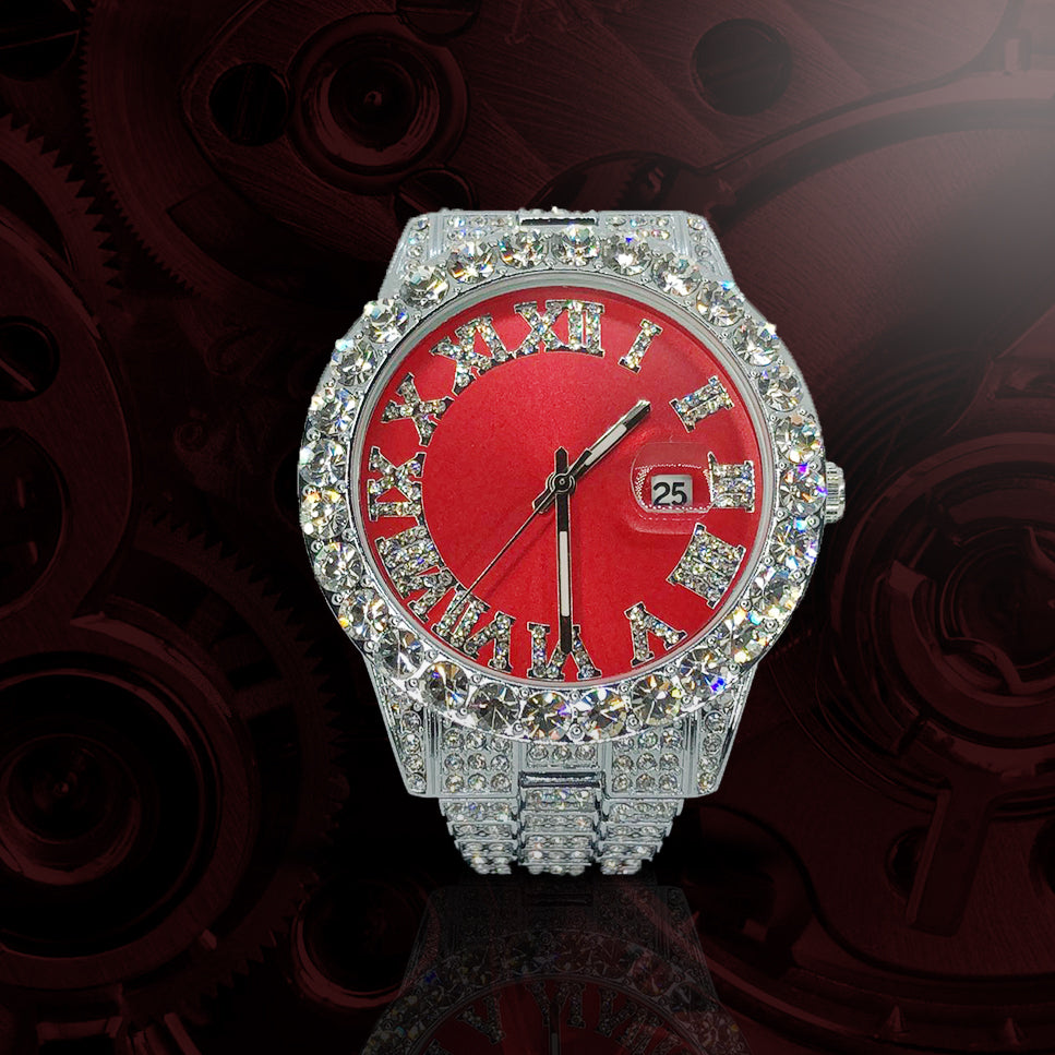 18k White Gold Plated 40mm Red Roman Dial w/Date - eGen Club