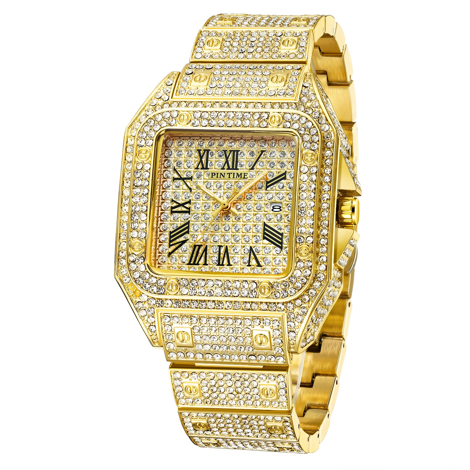 18k Yellow Gold Plated 42mm Pave Set Square face w/Date - eGen Club